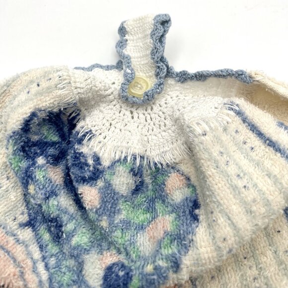 Vintage Crocheted Top Hanging Kitchen Towel Hearts of Love Country Cottage Blue - Picture 6 of 6